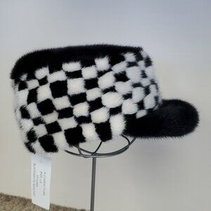 Mink Fur Checkerboard Flat Top Cap